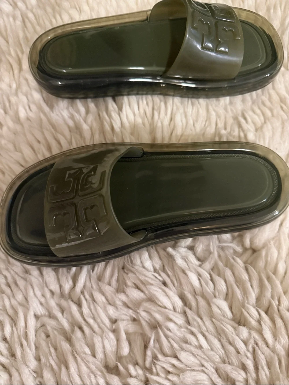 Tory Burch Olive Translucent Logo Slide Sandals - 5 medium